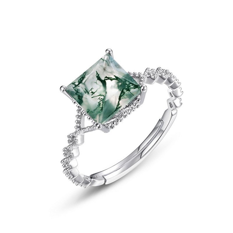 Nuevo anillo de ágata de hierba de agua natural geométrica transfronteriza S925 anillo de apertura de piedra de musgo verde plateado diseño personalizado todo fósforo