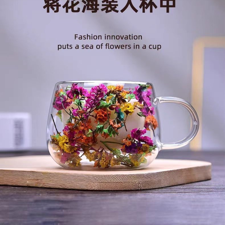 国境を越えたインターネットセレブの本物の花の二重層ガラスの見栄えの良いお土産コーヒーカップ高ホウケイ酸シンプルな丸いドリンクカップ|undefined