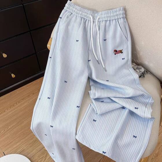 2025 Summer New Arrival Dachshund Slimming light blue Striped Trousers High Waist Casual Pants Women's Small Wide Leg Pants