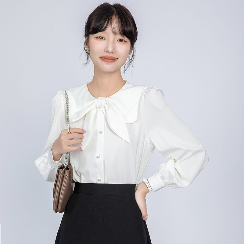 实拍娃娃领蝴蝶结缎面白色衬衫女年秋季新款通勤职业内搭上衣|undefined