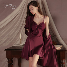 瑰若品牌顺滑缎面睡衣深V聚拢加胸垫性感女睡裙外袍大码套装4458