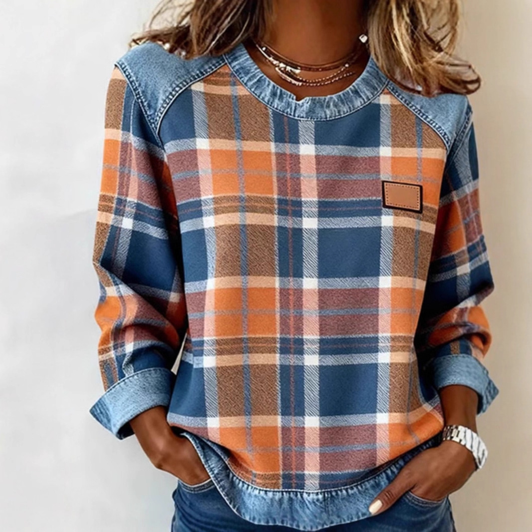 2025 Amazon Cross-Border New Plaid Stitching Denim Round Neck Loose Women's Sweatshirt Source Factory Store