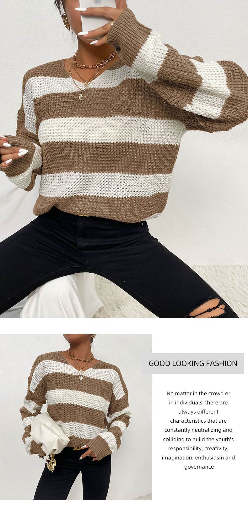 V-neck striped pullover sweater nihaostyles clothing wholesale NSDMB89280