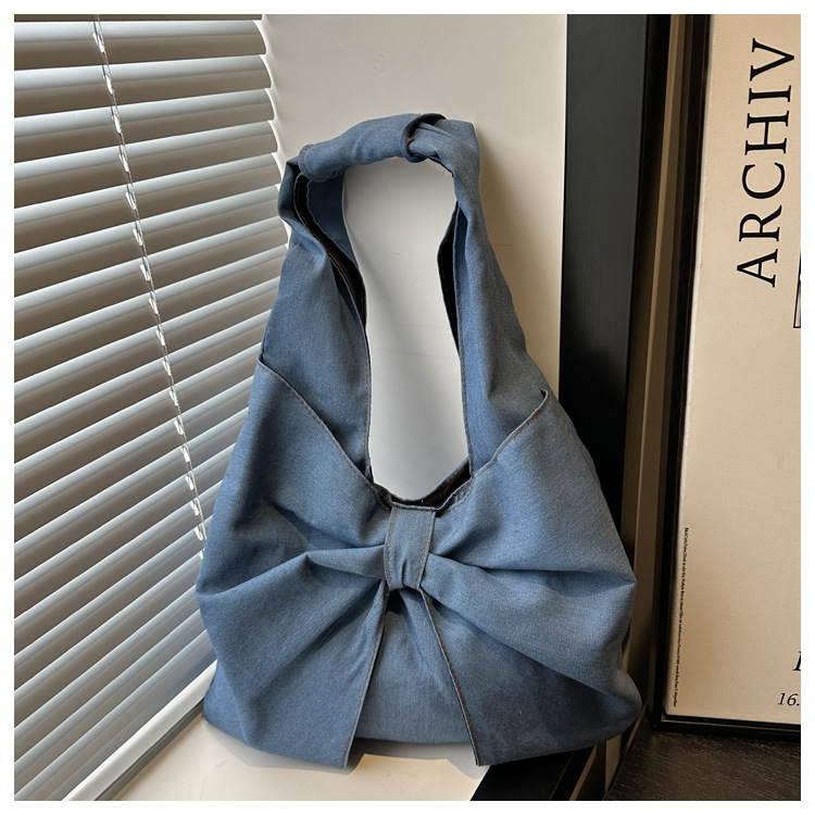 Square Shape Women's Large Denim Bow Knot Streetwear Sewing Thread Square Open Tote Bag
