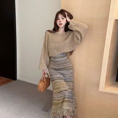 温柔慵懒风网眼罩衫短外套秋季高级感吊带流苏长裙连衣裙开衫套装