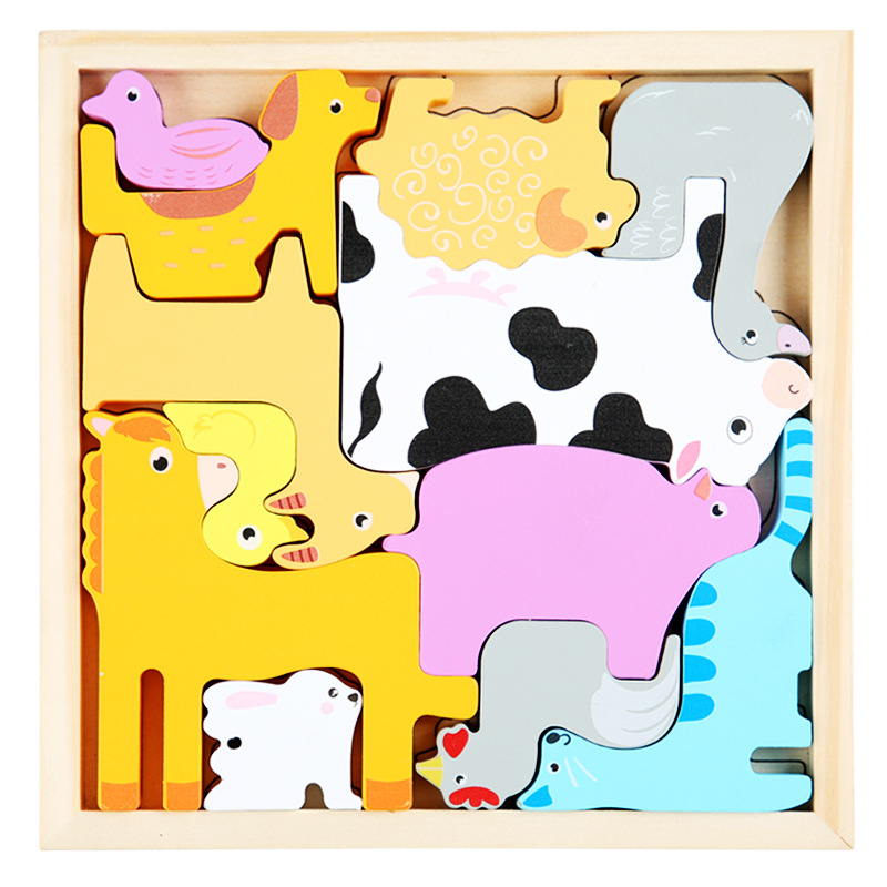 Caricatura animal tridimensional puzzle puzzle puzzle madera infantil educación temprana mano agarrar tablero de frutas y verduras juguetes de tráfico