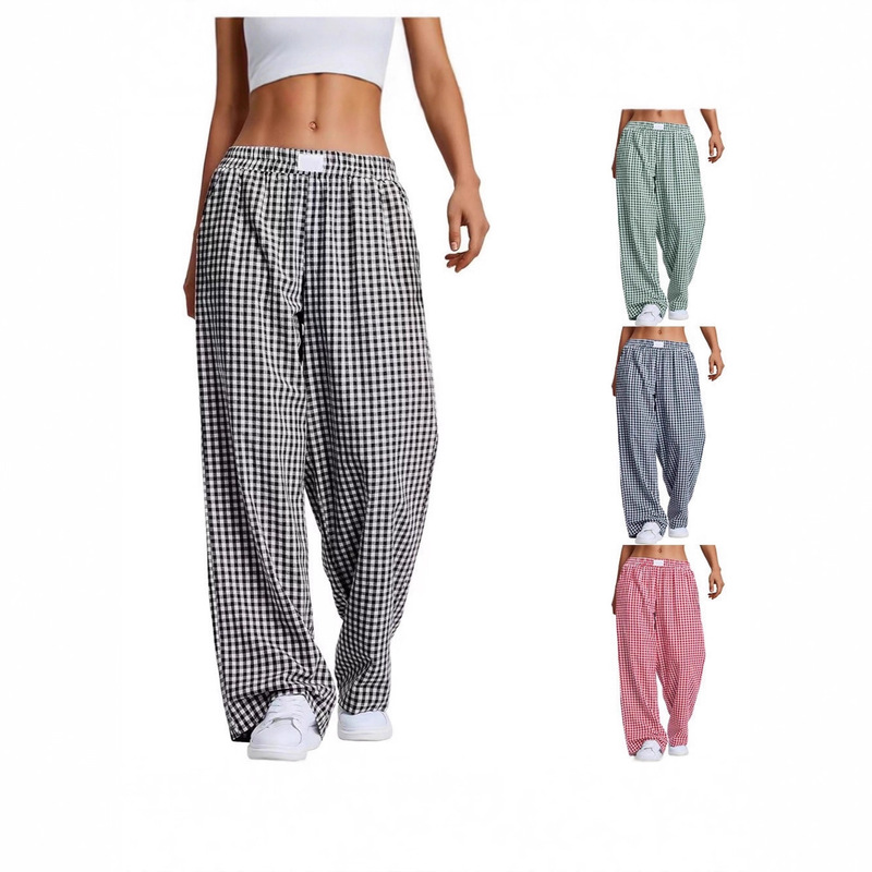 2025 European and American New Cross-Border Women's Clothing Amazon New Plaid Casual Boxer Briefs Loose Pocket Pants