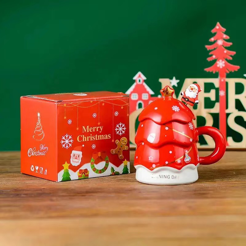 Taza navideña creativa, taza de cerámica con tapa y cuchara, taza para beber, taza de alta gama, taza de gran capacidad con diseño de árbol de Navidad