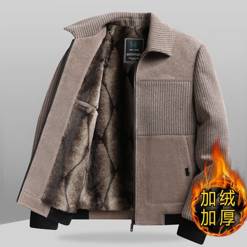 Winter Men's Fleece-Lined Thickened Lapel Jacket for Middle-Aged and Elderly Dads, Warm Chenille Cotton Coat for Middle-Aged Men