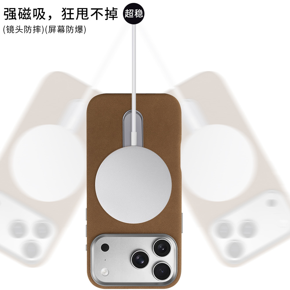 Ốp lưng iPhone 16/17 Pro da lộn từ tính có chân đứng ẩn — màu đen, nâu, màu xám, Kaki chi tiết 5
