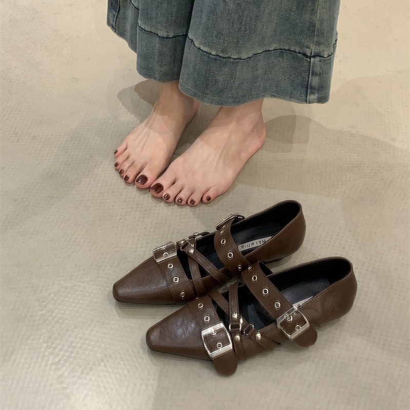 粗跟法式朋克芭蕾风黑色方头单鞋女2025春秋新铆钉皮带扣玛丽珍鞋|undefined