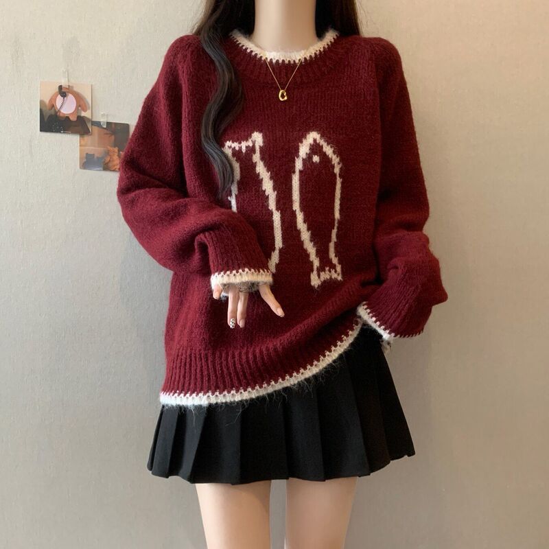 2025 Autumn and Winter Sweet Style Student Sweater Women's New Animal Pattern Sweater Soft and Waxy Loose Slim Sweater