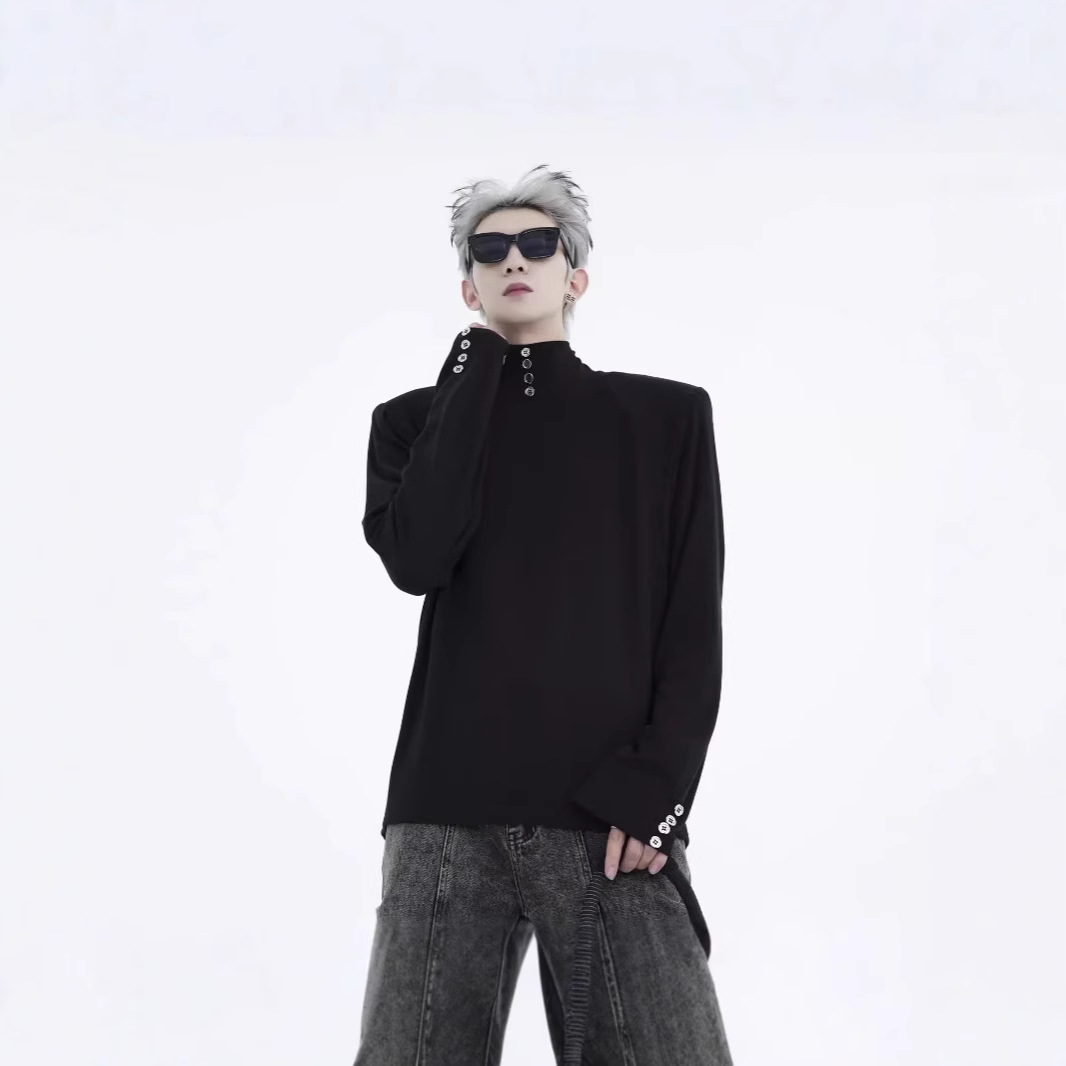 남성용 블랙 세미 하이 칼라베이스 셔츠 남성용 봄, 가을, 겨울 하이 엔드 디자인 센스 티셔츠, 트렌디 한 남성용 긴팔 내복