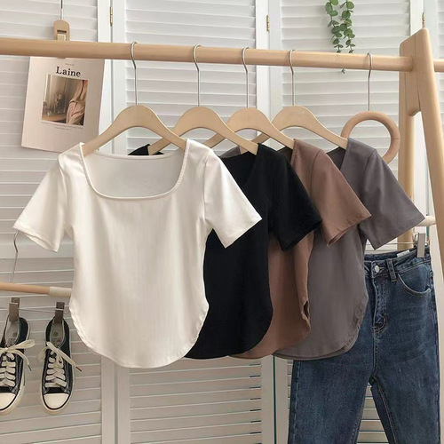 Wholesale New French Pure Desire Women's Sexy Solid Color Short Sleeve T-Shirt Summer Casual Square Collar Base Layer Top for Women