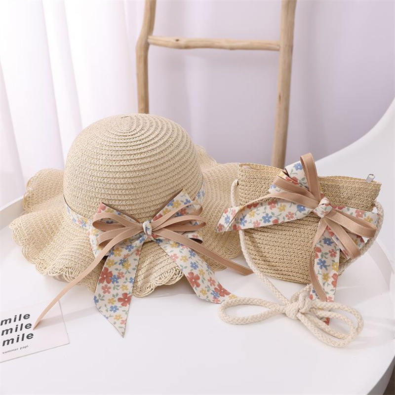 Double layer large bow wavy edge straw hat-beige