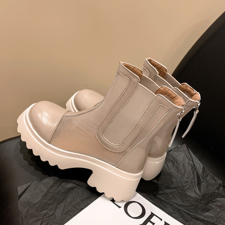 Boot ngắn nữ da bò mũi tròn đế dày thoáng khí khóa kéo sau — Màu đen, Màu mơ chi tiết 130