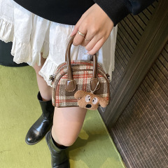 新款韩版儿童亲子款复古格子呢子小狗手提斜挎保龄球小包包女包