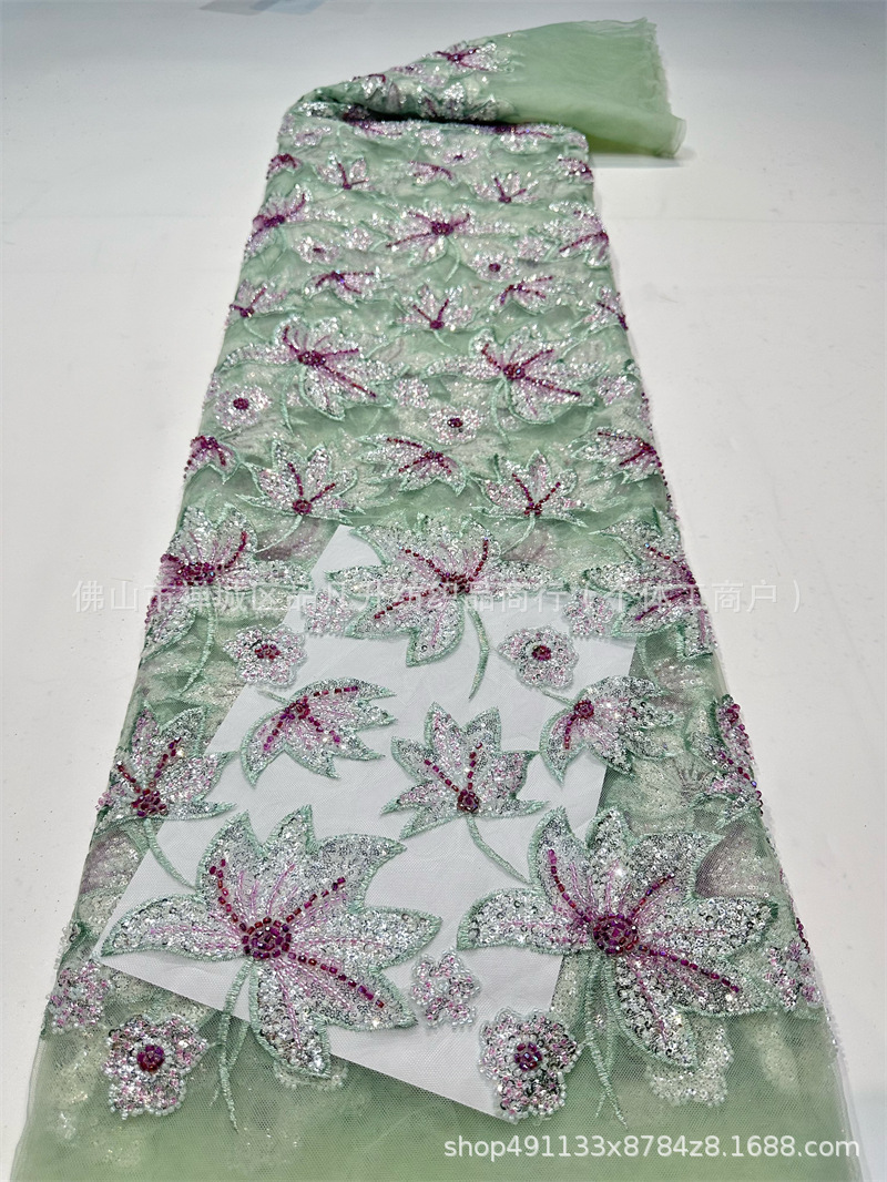 Bordado de tubo de cuentas Industria pesada Lujo Color Diamond Bordado Tela Vestido de novia Cena Vestido de dama Tela de encaje image 7