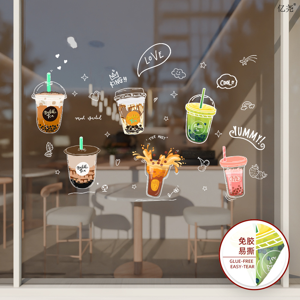 Ai Pin Jd34164 Cartoon Milk Tea Pearl Ice Cream Cup Glass Window Sticker Bedroom Window Decoration Beautification Static Cling Sticker