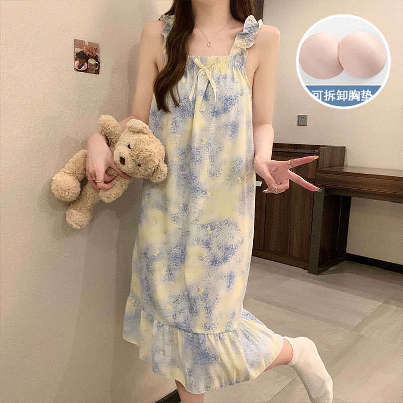 Verano con almohadilla de pecho dulce esling pijama vestido de mujer flores dulces lindas pijama casera casera
