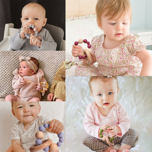New Amazon Baby Beech Wood Teether Silicone Baby Chew Ring DIY Bracelet Chewing Toy for Export