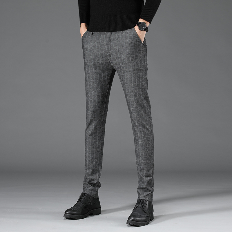 Spring and Autumn checkered casual for men, straight leg slim fit elastic work pants, youth trendy men's pants_voghion.com