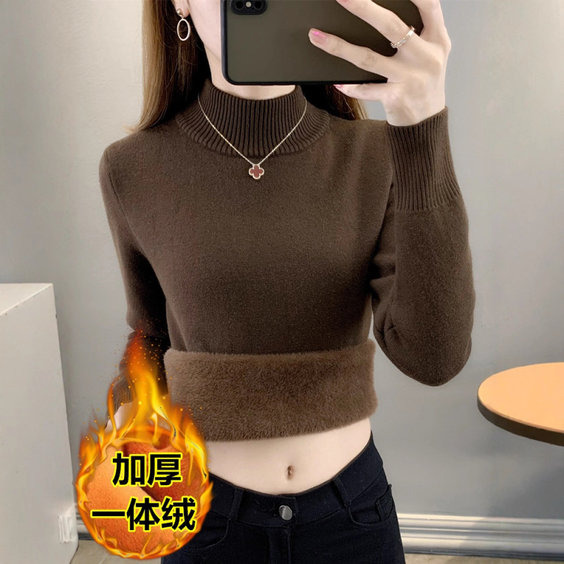 Autumn and Winter Thickened Women's Fleece Sweater with Integrated Fleece, Plus-Size Half-High Collar Pullover Base Knit Warm Top