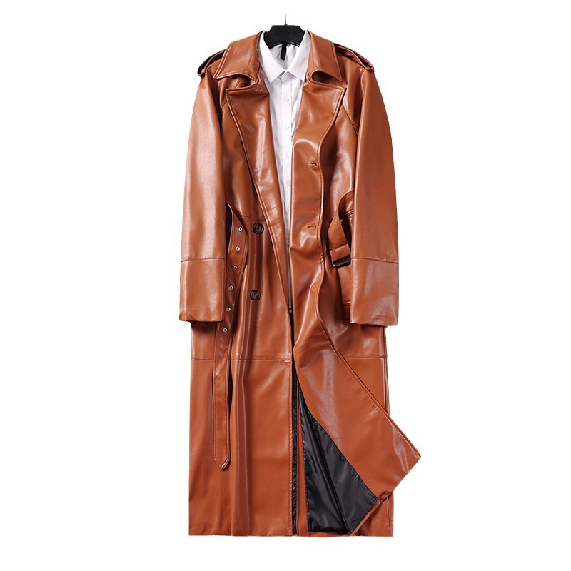 Men's Clothing men's leather jacket, large size, super long over the knee jacket, spring and autumn Gestapo windbreaker_voghion.com