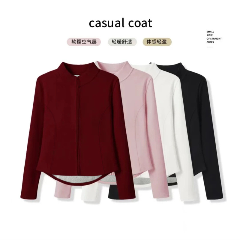 Autumn and Winter New Graphene Yoga Wear Elegant Stand-Up Tie Zipper Cardigan Slimming Look Fleece-Lined Warm Jacket for Women