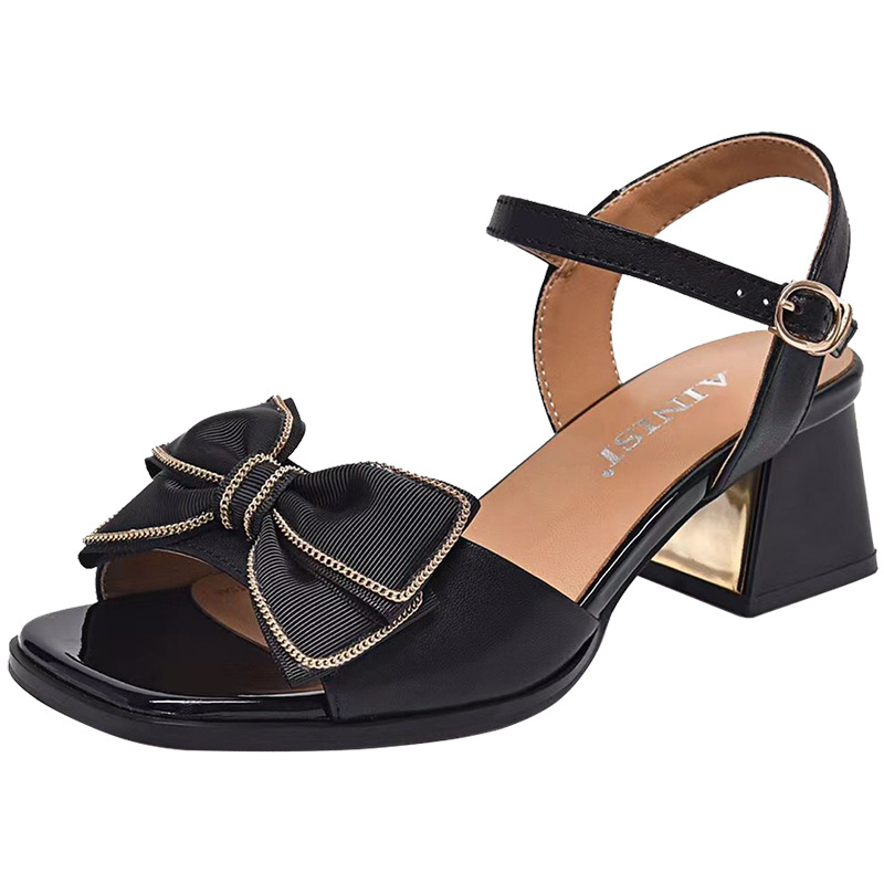 Sandal cao gót nữ quai ngang da thật mũi nhọn nơ điệu đà — Chân mập màu be to hơn một cỡ