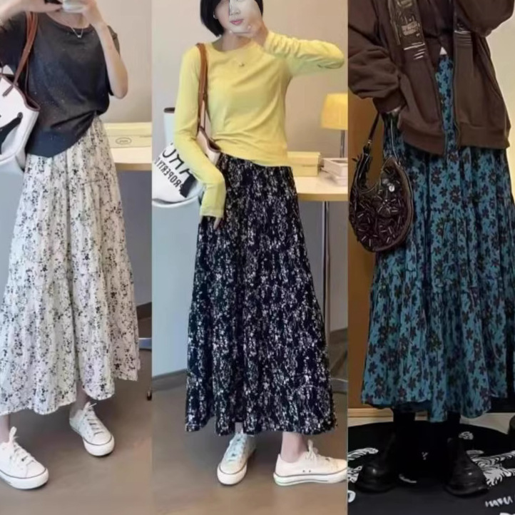 Plus-Size Women's Floral Print Skirt, French Retro Style, Elastic High-Waist A-Line Skirt, Mid-Length Pleated Skirt, Large Flare Skirt