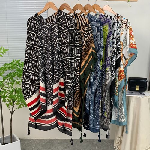 Cross-border hot selling travel and vacation ethnic style printed outer wear sun protection shawl for women sunshade high-end slit elegant waistband