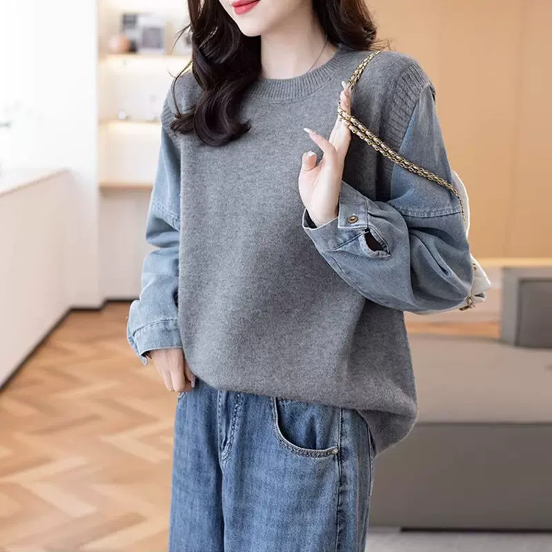 2025秋冬新款今年流行秋装牛仔袖拼接假两件毛衣女洋气别致针织衫
