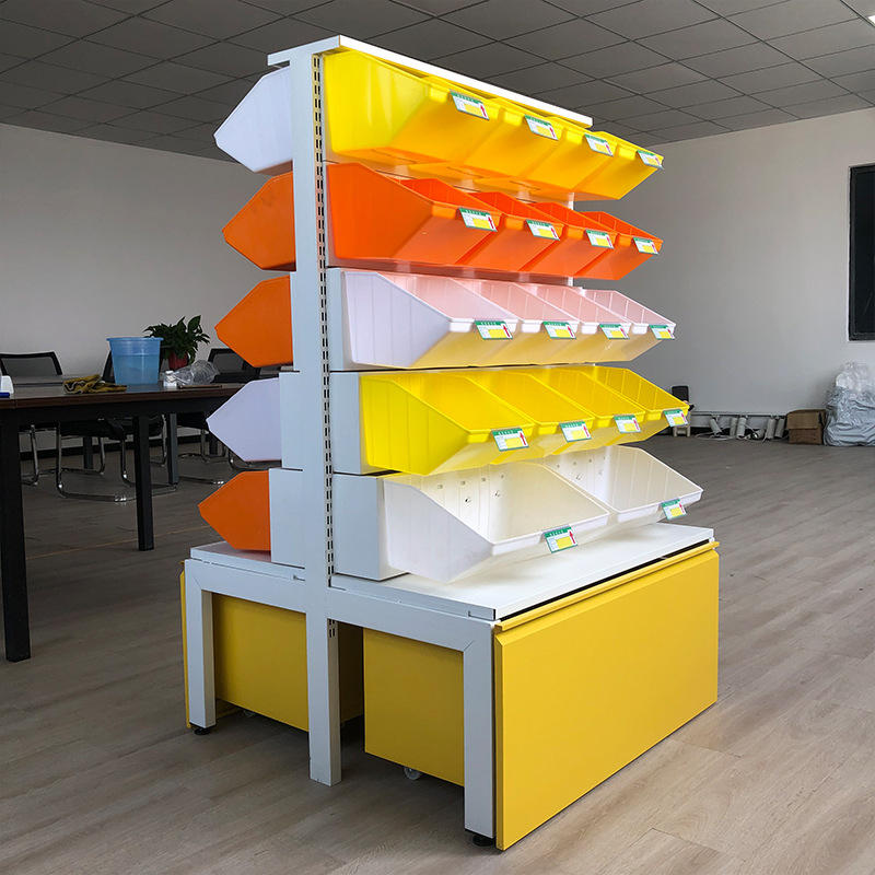 Exhibidor de Dulces de Acero Laminado en Frío de Jiangsu, Amarillo, de Una o Dos Caras, de Cinco Niveles, Multicolor, para Almacenamiento Comercial