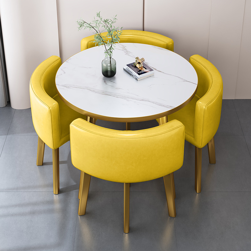 Yellow 80cm round table+4 leather chair