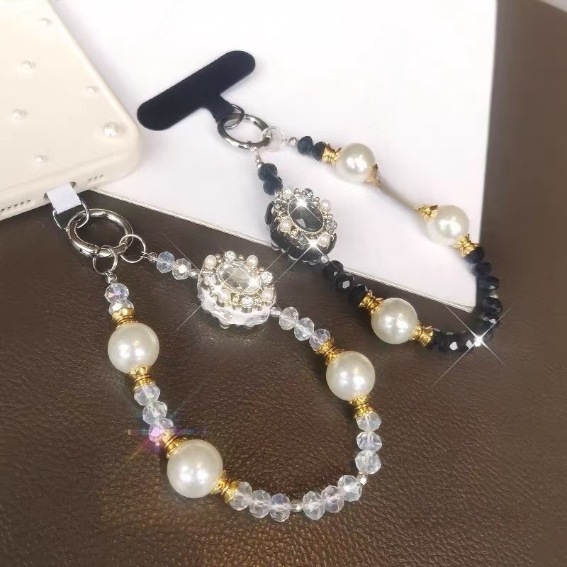 Estilo clásico, gran joya, perla, cristal, cadena de teléfono móvil con cuentas, cadena de colgante corta hecha a mano con incrustaciones de diamantes de lujo para mujer