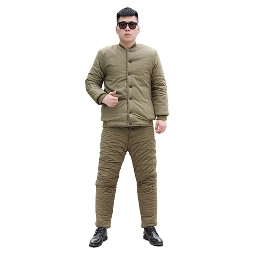Short security military green cotton jacket for men, thick cotton jacket and pants, warm protective cotton suit, winter workwear