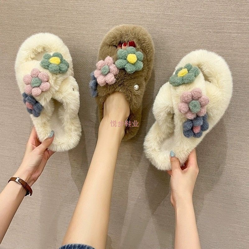 新款棉拖鞋女秋冬毛毛时尚网红可爱防滑花朵外穿居家用室内毛茸茸