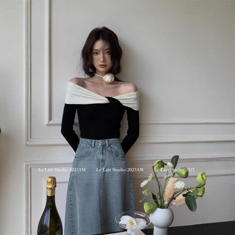 LELART Autumn New Elegant Niche Sweater off-shoulder Color-block French Elegant Pure Slim-fit Sweater LELART Autumn New Elegant Niche Sweater off-shoulder Color-block French Elegant Pure Slim-fit Sweater