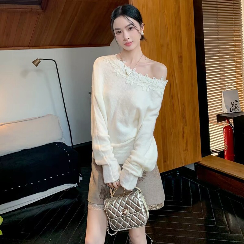 French-style one-shoulder knit sweater for women, autumn Korean-style with three-dimensional floral lace, soft and loose long-sleeve sweater wholesale French-style one-shoulder knit sweater for women, autumn Korean-style with three-dimensional floral lace, soft and loose long-sleeve sweater wholesale