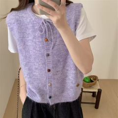 韩版系带圆领针织开衫马甲女秋冬季新款宽松百搭叠穿坎肩毛衣背心