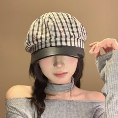 甜美可爱KT猫格纹八角帽子女2025早秋新款报童帽百搭显脸小画家帽