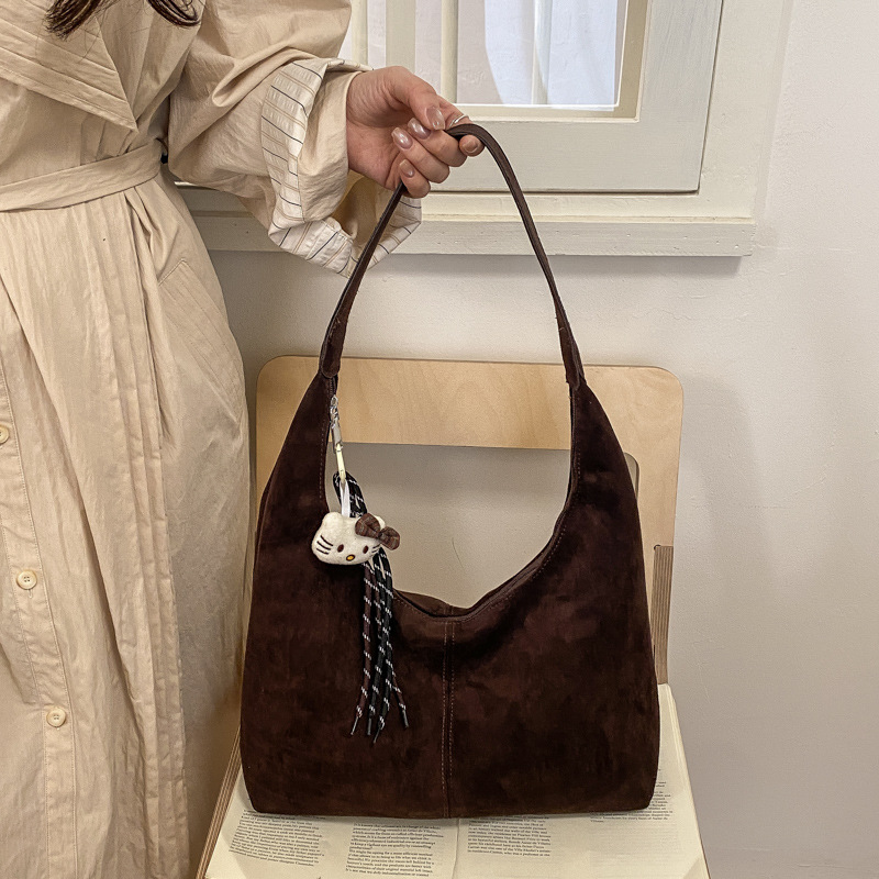 Korean Style Niche Retro Faux Suede Bucket Bag For Women 2026 Spring New Large Capacity Fashion Shoulder Underarm Bag - Thumbnail 2