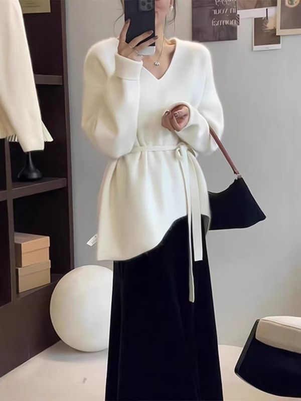 中长款毛衣女秋冬温柔系穿搭V领不规则绑带收腰针织衫新年上衣|undefined