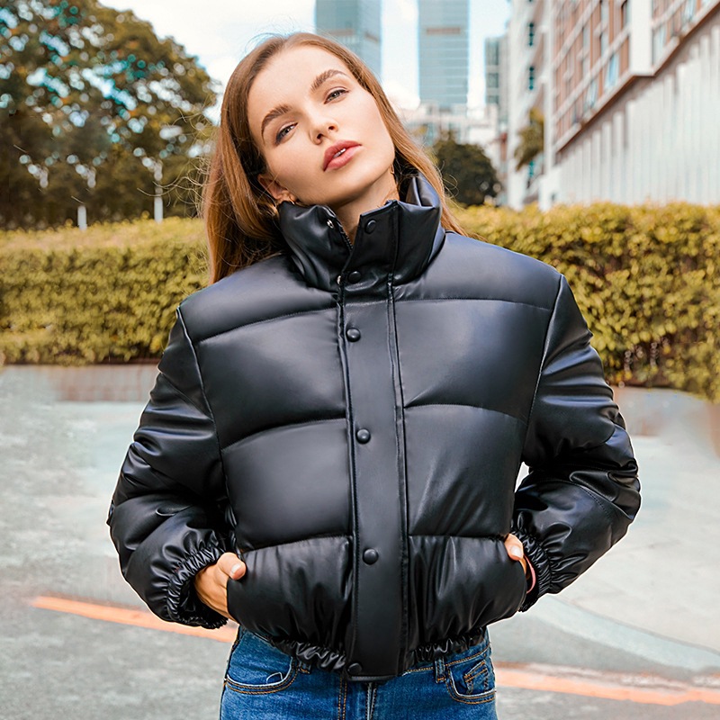 速卖通2024秋冬季新款棉衣欧美风皮衣外套女立领短款保暖面包棉服