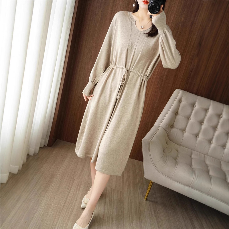 New Round V-Neck Solid Color Elegant Mid-Length Sweater Dress Knitted Women's Dress Casual Base Dress