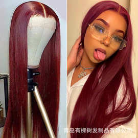 新款13*3化纤前蕾丝头套假发女暗酒红中分长直发跨境货源一件代发