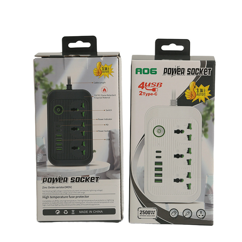 4USB + 2Type-C enchufe con puerta de seguridad verde estándar británico estándar europeo y americano anillo de decoración del interruptor de botón