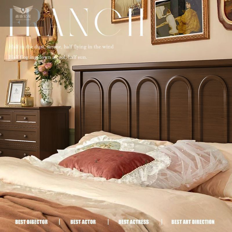 Cama de madera maciza moderna y simple retro francesa dormitorio principal 1.5m 1.8 cama doble estilo americano lujoso caja alta almacenamiento cama de boda