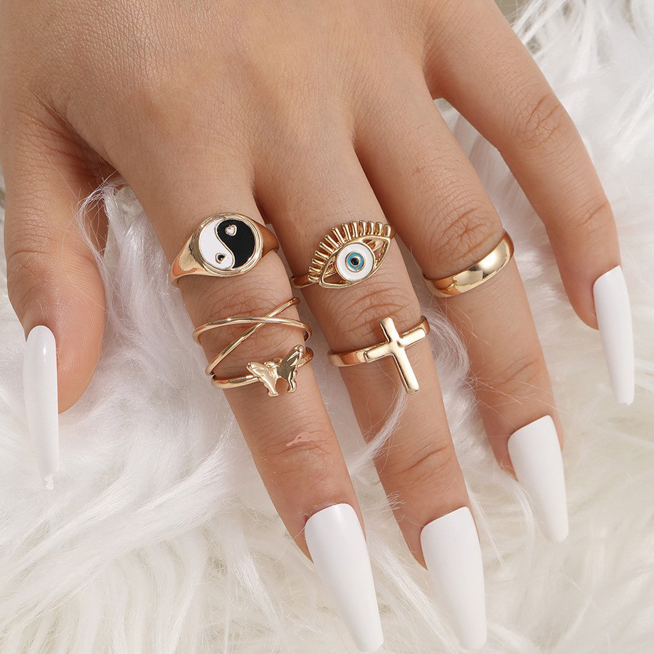 Niche Oil Drop Eyes Tai Chi Cross Butterfly Ring suit Exquisite Personality Creative 6-piece Set_voghion.com